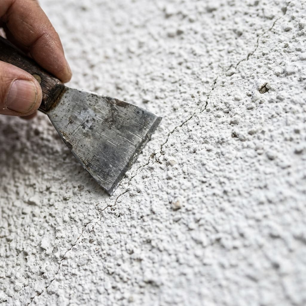 Micro fissure sur l'enduit d'une façade extérieure avant traitement d'imperméabilisation