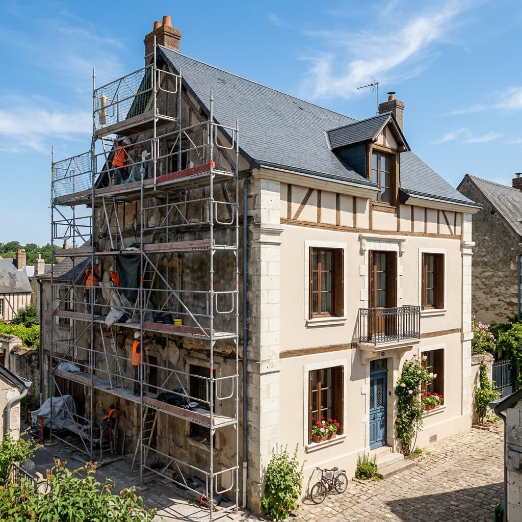 Ravalement de façade en cours sur maison en pierre du Val de Loire — Façadier Orléans Loiret