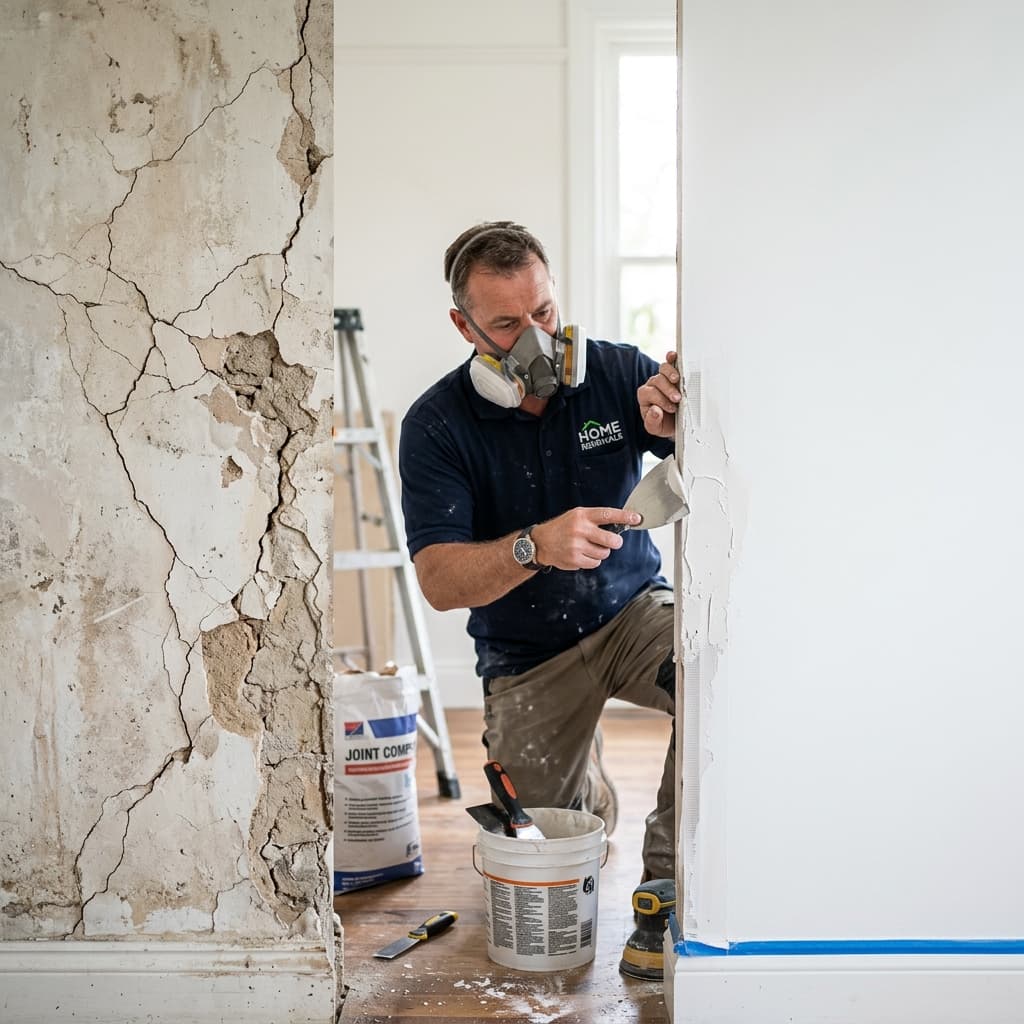 Réparation de murs fissurés avec enduisage et toile Fissnet avant/après — Rénovation murs Orléans