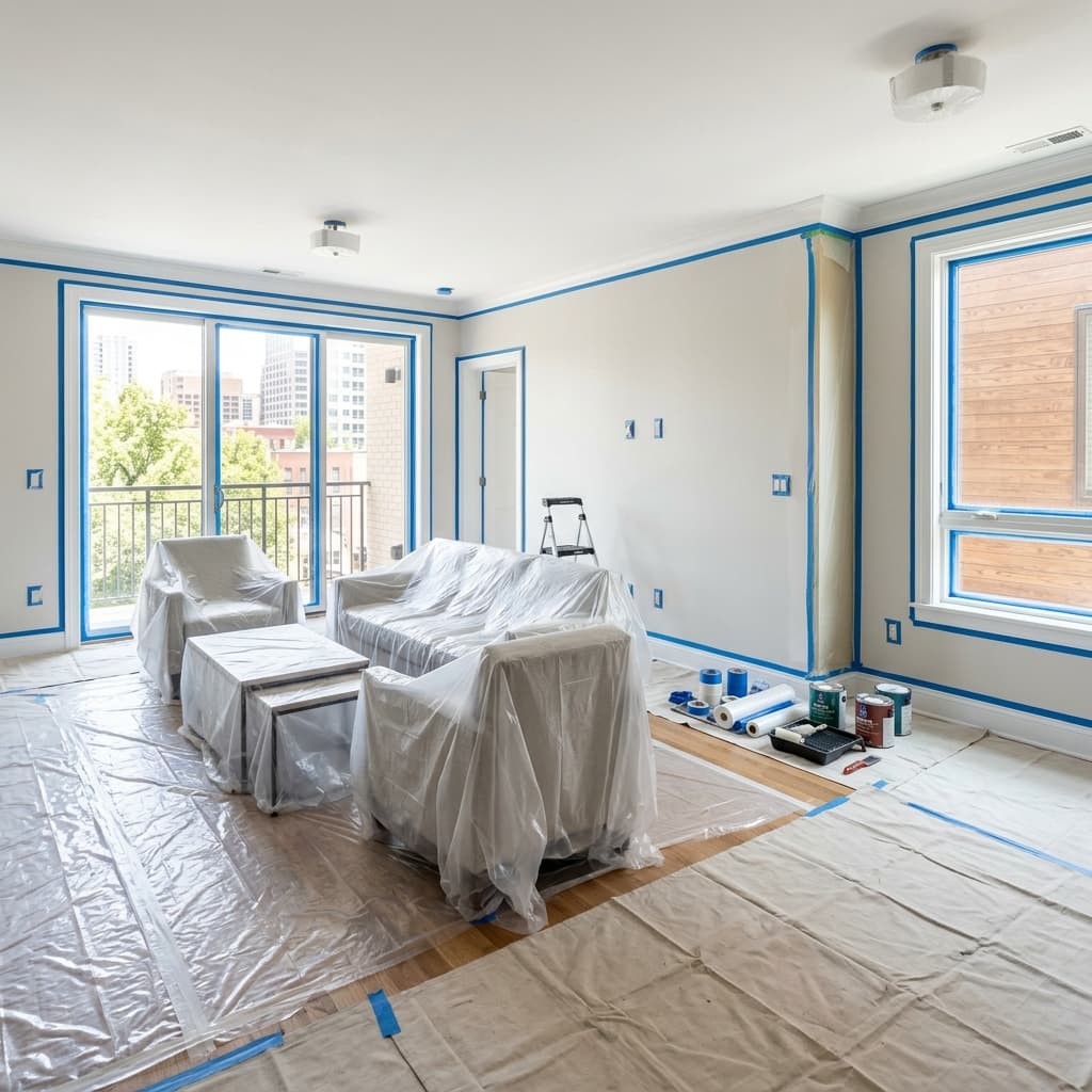 Pièce préparée avec bâches de protection et scotch de masquage avant travaux de peinture — Préparation chantier Orléans