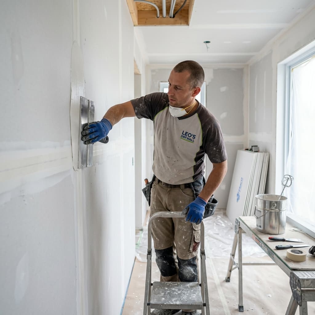 Application d'enduit sur bandes placo par un peintre en batiment