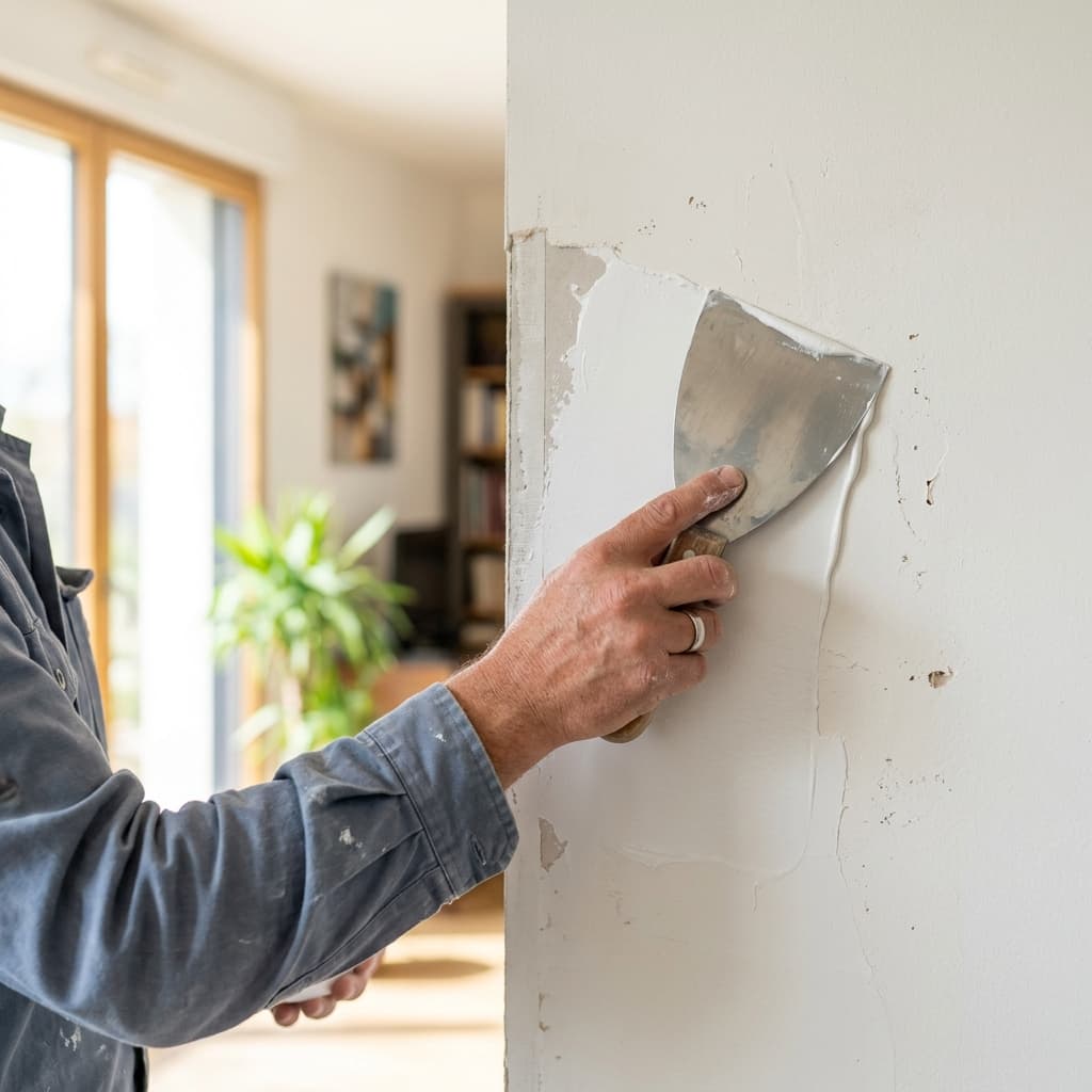 Artisan appliquant un enduit de lissage blanc sur un mur intérieur