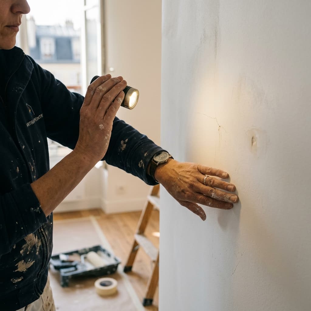 Artisan peintre inspectant l'état d'un mur avant établissement d'un devis — Diagnostic murs Orléans