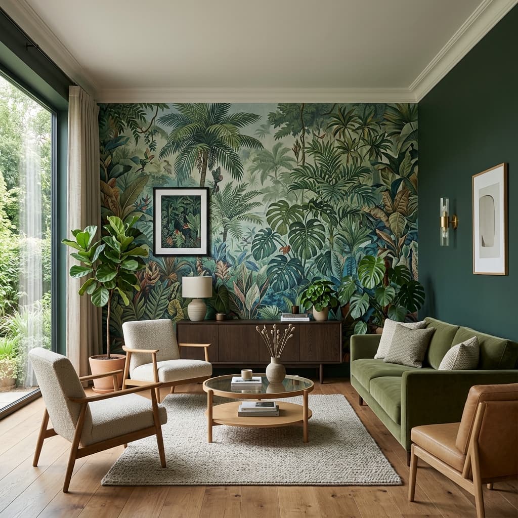 Comparatif visuel papier peint panoramique végétal et mur d'accent peint en vert foncé.